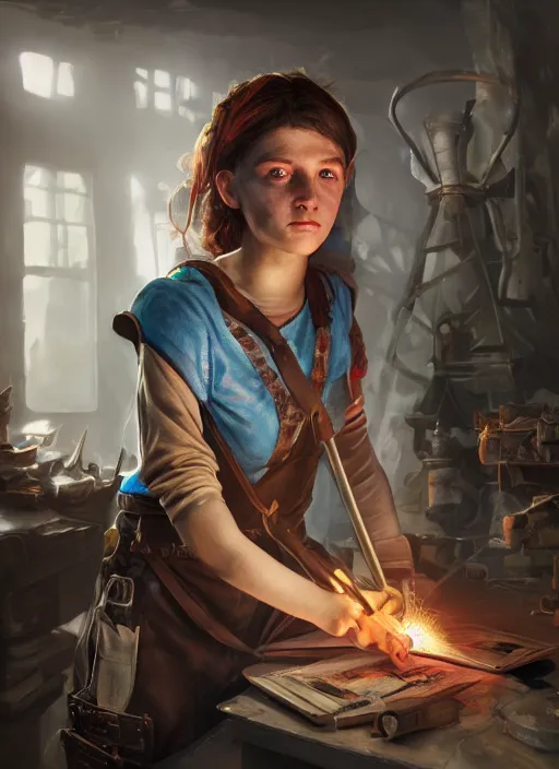 Image similar to An epic fantasy comic book style portrait painting of a young tinker girl working on a device in her workshop, unreal 5, DAZ, hyperrealistic, octane render, cosplay, RPG portrait, dynamic lighting