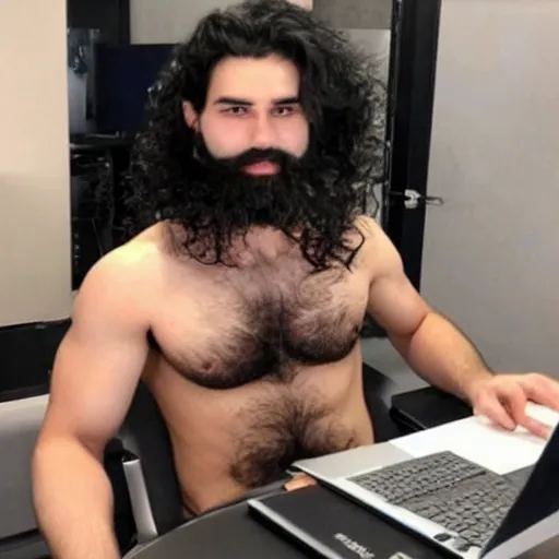 Image similar to a chad with wavy black hair and a beard. muscular. godlike. using a computer.