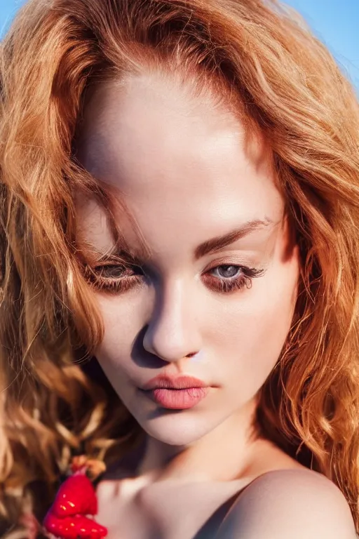 Image similar to olive skinned female model in her twenties with strawberry - blonde hair, wearing a designer top, looking content, focused on her neck, photo realistic, extreme detail skin, natural beauty, no filter, slr, golden hour, 4 k, high definition, selfie