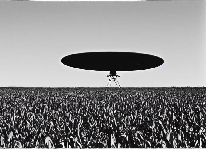 Prompt: Flying saucer landing in corn field with two moons in the sky, albumen silver print film grain photography 8mm by Timothy H. O'Sullivan