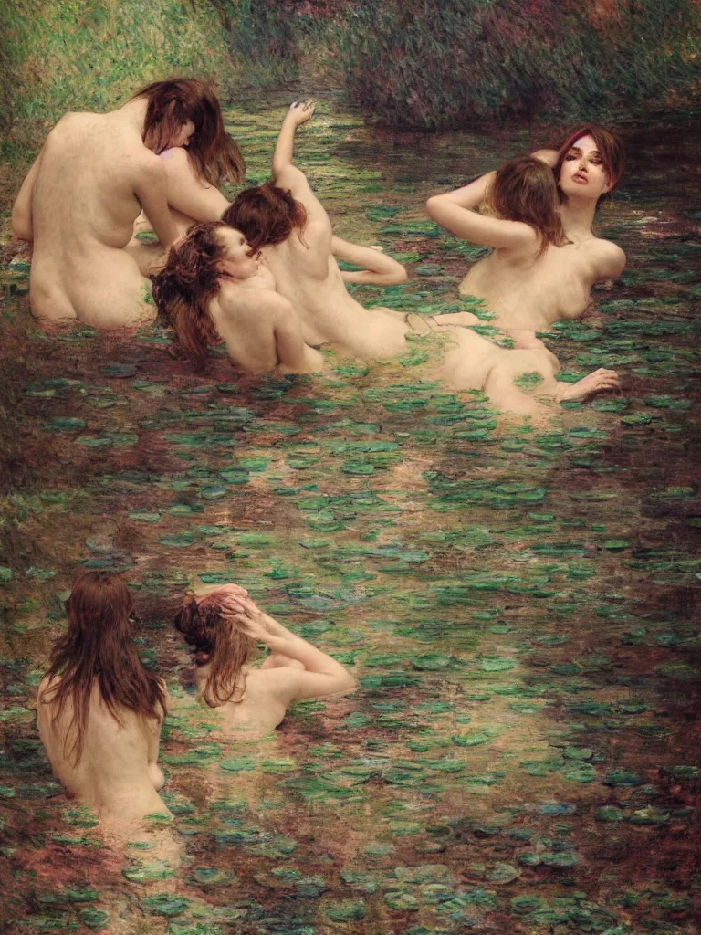 Image similar to illustration studio portrait of three dark beautiful woman bodies mermaids female energy in artistic poses in the river at the forest, monet painterly motives and textures pattern, hyper detailed, octane render, vivid colors, artstation, by jeremy mann, by alphonse mucha, by monet