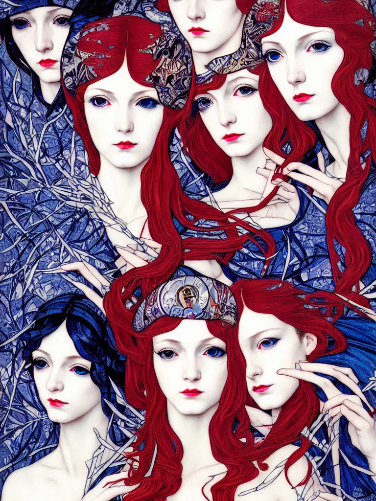 Prompt: triad of winter muses, style mix of æon flux, shepard fairey, botticelli, ivan bilibin, john singer sargent, pre - raphaelite, shoujo manga, harajuku fashion, dormant nature, snow, ice, stark colors, superfine inking, ethereal, 4 k photorealistic, arnold render