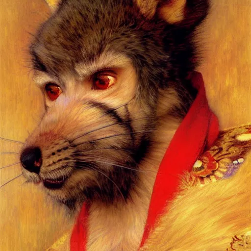 Prompt: a portrait of a male ratwolfman rat wolf man in a red kimono furry arms furry body. furaffinity furry art detailed face painting by gaston bussiere craig mullins jc leyendecker gustav klimt artgerm greg rutkowski furry