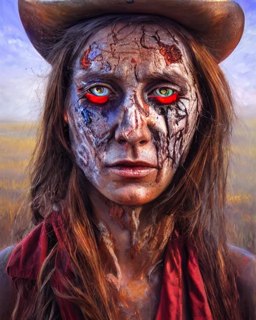 Image similar to oil painting portrait of scarred cowgirl with with burning glowing eyes, high production value, intricate details, high resolution, hdr, high definition, masterpiece, realistic, ultrarealistic, highly detailed, hd, sharp focus, non blurry, sharp, smooth