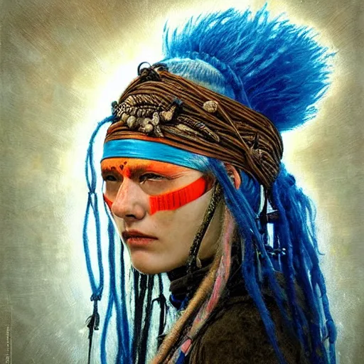 Image similar to A young blindfolded shaman woman with a decorated headband, in the style of heilung, blue hair dreadlocks and wood on her head., made by karol bak