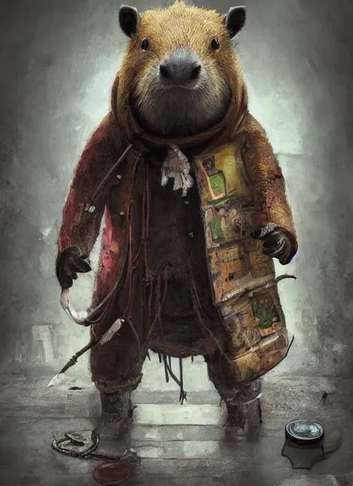 Image similar to detailed full body concept art illustration, dark soft focus, plague style oil painting on canvas of an anthropomorphic capybara doctor in full intricate clothing, biomutant, dystopian, micro detail, octane render, 4K