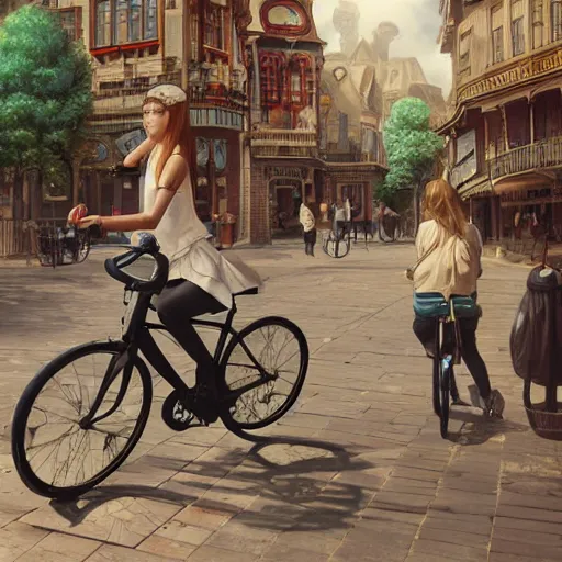 Image similar to girl riding on bike through victorian town square, digital art, by ben weiner, richard estes, range murata, akiyuki shinbou, yoshitaka amano, wlop, highly detailed, realistic, cinematic, bold colours, photorealism, 4 k, wide angle lens, trending on artstation, artgerm