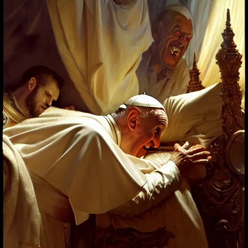 Image similar to the pope is in his bed, nervous and terrified, because a double horned shadow demon from hell is attacking him. highly detailed painting by gaston bussiere, j. c. leyendecker, greg rutkowski, craig mullins 8 k