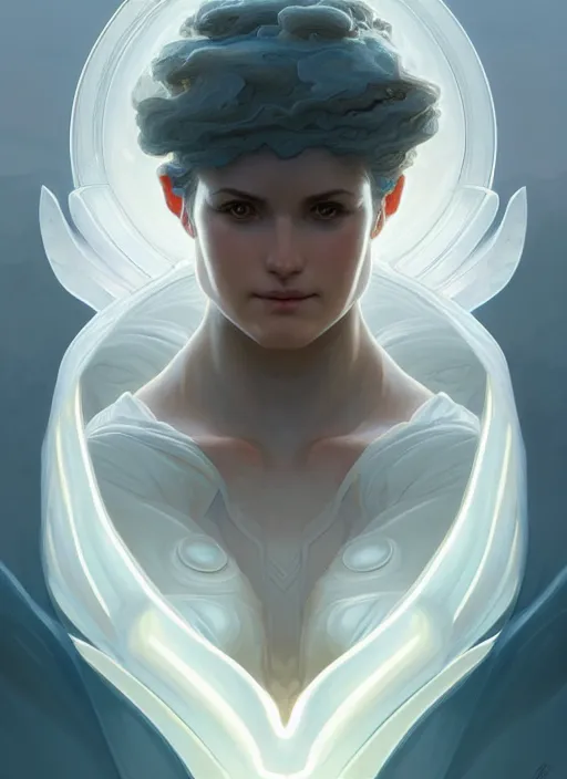 Image similar to symmetry portrait of cloud giant ( variant ), intricate, elegant, highly detailed, digital painting, artstation, concept art, smooth, sharp focus, illustration, art by artgerm and greg rutkowski and alphonse mucha, 8 k