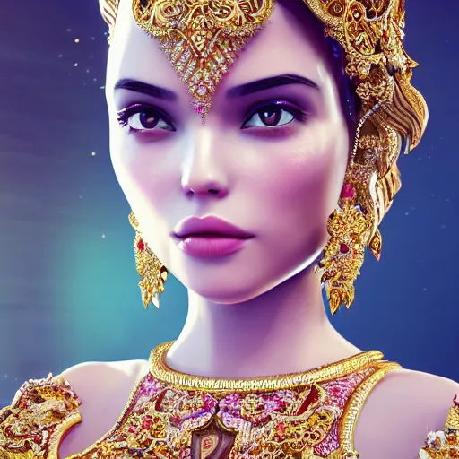 Image similar to portrait of pretty princess with perfect skin, glowing, ornate and intricate diamond jewelry, jaw dropping beauty, ornate and intricate backdrop, white accent lighting, hyper detailed, 4 k octane render