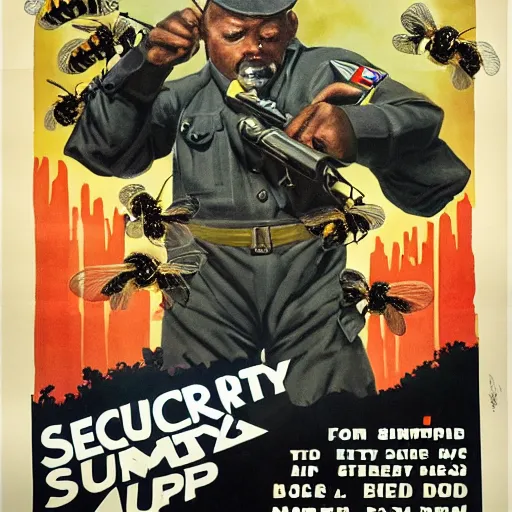 Prompt: + a security guard slumps sleeping at a computer + a swarm of bumblebees carries a weapon, highly detailed, ww 2 american propoganda poster, colorized