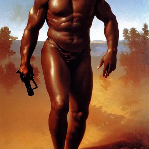 Image similar to Painting of OJ Simpson as the T-800 Art by william adolphe bouguereau. During golden hour. Extremely detailed. Beautiful. 4K. Award winning.