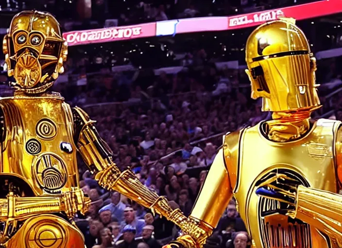 Image similar to ESPN still of C-3PO playing in the nba playoffs live on espn, 4k