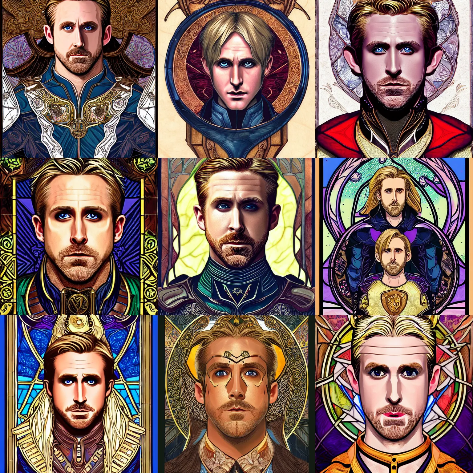 Prompt: head-on symmetrical centered painted portrait, Ryan Gosling as elf ranger, blonde hair, leather armour, art nouveau, tarot card style, stained glass, fantasy, intricate, elegant, highly detailed, smooth, sharp focus, illustration, artstation, in the style of Artgerm and Anna Podedworna and Alex Ross and Mucha