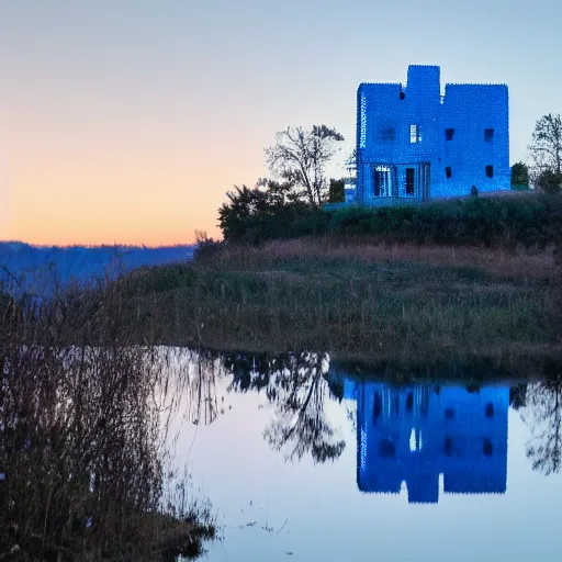 Prompt: blue glass castle, vista, dawn, photo ar 1 6 : 7