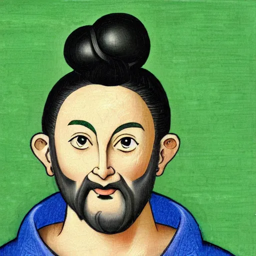 Image similar to portrait painting of surprising Michelangelo di Lodovico with topknot in the style of japanese cartoon with green background for editing