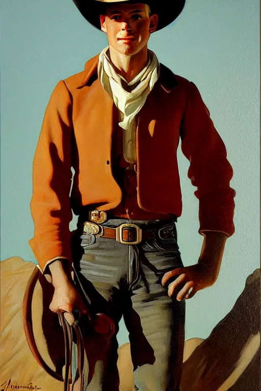 Image similar to attractive cowboy, painting by mark maggiori, j. c. leyendecker