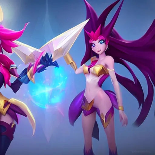 Image similar to star guardian xayah and star guardian kai'sa are friends, league of legends, by weta digital, 3 - dimensional, rays of shimmering light