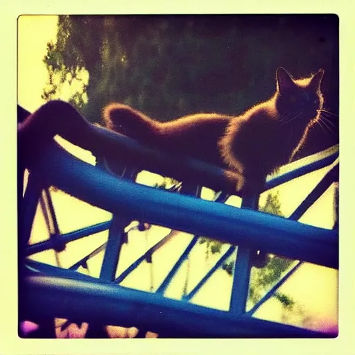 Prompt: black cat on a rollercoaster. the cat is enjoying the ride. sunlight. polaroid photo. saturated colors.