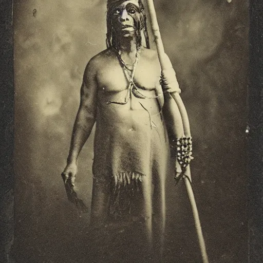 Image similar to tintype photograph of a neo-futuristic shaman. Holding a glowing staff, he has three eyes.