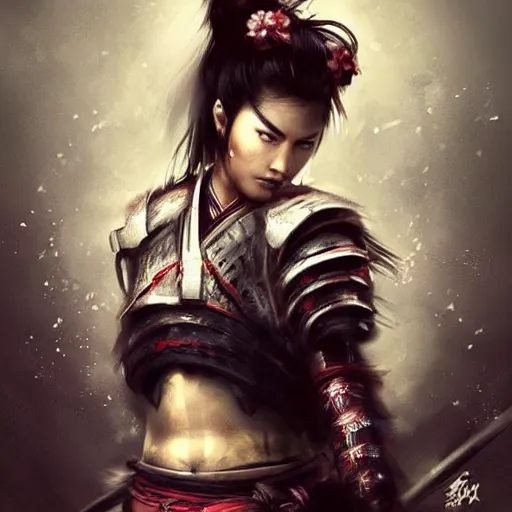 Prompt: beatiful female samurai in the style of Raymond Swanland