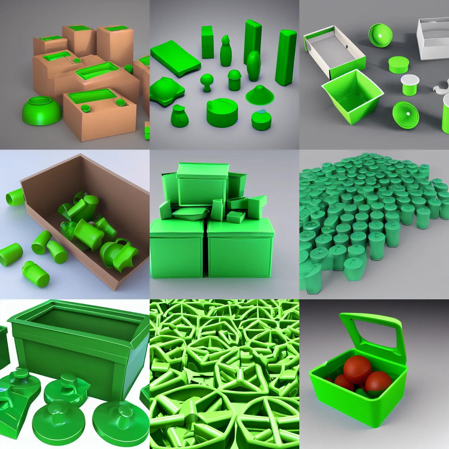 Prompt: box full of strange green plastic things, 3 d rendering, blender