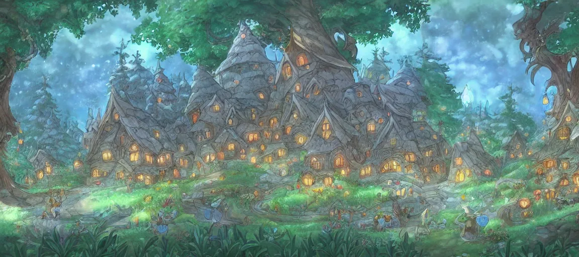 Prompt: Beautiful detailed high quality illustration of an enchanted magical village, beautiful forest on background::art by Ghibli Studio, League of Legends, Arcane, Wild Rift, trending on artstation