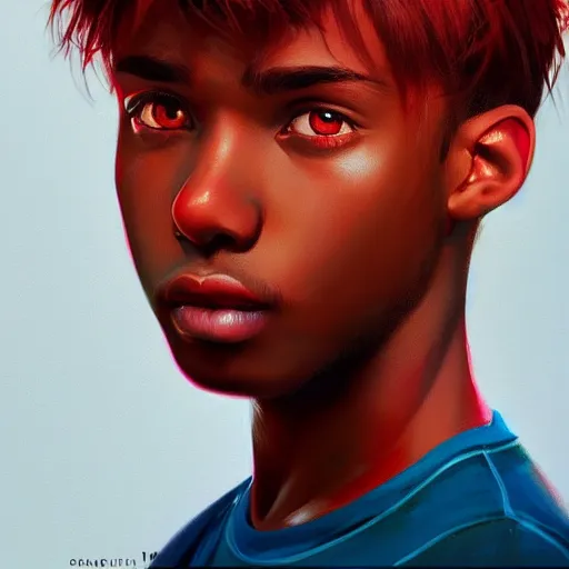 Image similar to colorful and festive captivating teenager with straight short brown hair covering his eye, dark skin, big lips, big eyes, wearing a red t - shirt. rich vivid colors, ambient lighting, dynamic lighting, 4 k, atmospheric lighting, painted, intricate, highly detailed by charlie bowater