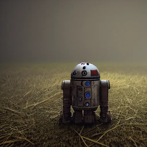 Prompt: realistic render of a small and rusty observation droid in a swamp, eerie atmosphere, fog, cinematic lighting