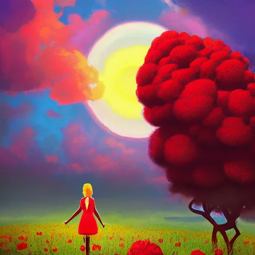 Image similar to giant red flower afro, girl standing in a field with flowers, surreal photography, hills, big trees, sunrise dramatic light, impressionist painting, colorful clouds, digital painting, pointillism, artstation, simon stalenhag