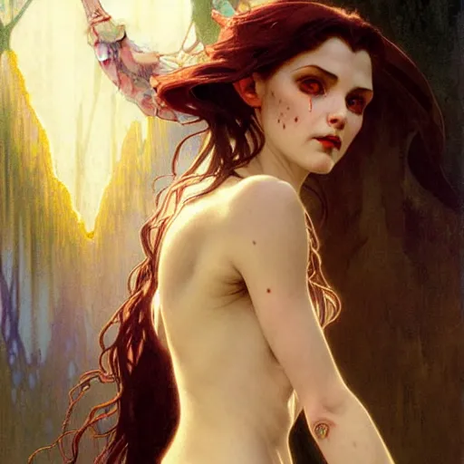 Image similar to Portrait of a pretty half-elf half-vampire young woman. Her hair has black strands and white strands. Her eyes have red irises and vertical pupils. Art by Greg Rutkowski and Alphonse Mucha