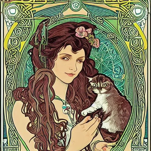 Image similar to lady with long curly hair with a cat beside her, with celtic spread tarot cards on a table in front of her, in a gypsy tent with Alphonse Mucha art nouveau poster style, with thin lines and pastel colors,
