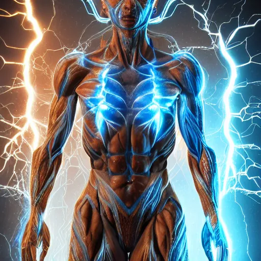 Prompt: photography of a hyper realistic highly detailed stunning expressive humanoid creature, controls complex and highly detailed blue lightning strikes as a super power. professionnal digital art, artstatiom, stuning, intricate, complex, unreal engine 5.