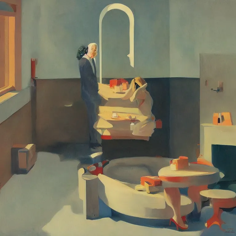 Image similar to round metaballs belting together and dripping on the floor, painted by Edward Hopper, painted by James Gilleard, surrealism, airbrush