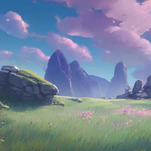 Prompt: pastel landscape of an open rocky field. a few flowers. clean sharp digital art, environment concept art, by rossdraws, ghibli, breath of the wild, greg rutkowski