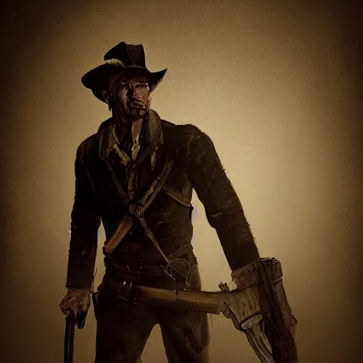 Prompt: a digital portrait of a human bounty hunter from hunt showdown, western era, hyper realistic, horror, back lighting, luisiana, in the style of greg rutkowski,