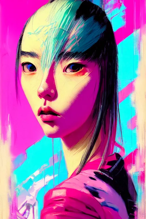 Prompt: portrait of a stylized japanese cyberpunk girl, painted in acrylic, pigment textures, in the colors hot pink and cyan, beautiful realistic face, rule of thirds, spotlight, by greg rutkowski, by jeremy mann, by francoise nielly, by van gogh, by ross tran, in focus