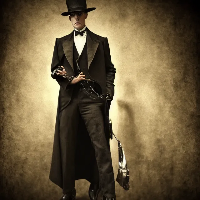 Image similar to photorealistic sepia kodachrome portrait of a 1 9 2 0 s era male occultist, well dressed, long - tailed tuxedo coat, atmospheric lighting, dark, brooding, painted, intricate, ultra detailed, well composed, best on artstation, cgsociety, epic, stunning, gorgeous, intricate detail, much wow, masterpiece