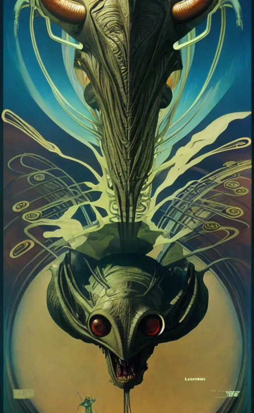 Prompt: exquisite imaginative alien creature poster art, movie art, looming, by lucusfilm, weta studio, alphonso mucha, james jean, frank frazetta, 8 k, denoised, sharp, crisp, high quality