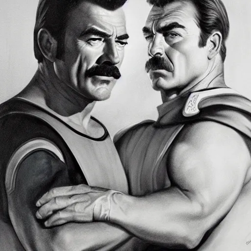 Prompt: ultra realistic portrait painting of tom selleck as captain kirk, art by frank frazetta, 4 k, ultra realistic, highly detailed, epic lighting