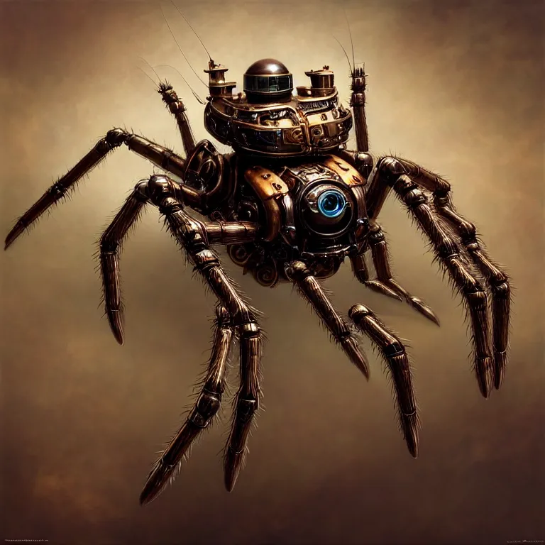 Image similar to portrait shot of a steampunk robot spider, unreal engine realistic render, 8 k, micro detail, intricate, elegant, highly detailed, centered, digital painting, artstation, smooth, sharp focus, illustration, artgerm, tomasz alen kopera, peter mohrbacher, donato giancola, joseph christian leyendecker, wlop, boris vallejo