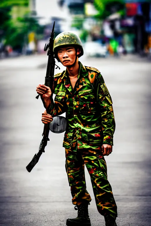 Image similar to vietnam soldier with skateboard, portrait, cinematic, bokeh, extreme detailed, vogue photo style, proportional, dynamic composition, intricate, comfort posse, smooth, sharp focus, body features, ultra realistic, award winning photo, captured by nikon d 8 5 0,, 4 k, full body.