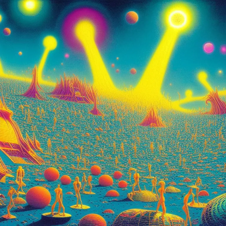 Image similar to many tiny people on the cosmic beach, infinite radiating waves, synthwave, bright neon colors, highly detailed, cinematic, tim white, michael whelan, vladimir kush, jim burns, bob eggleton, philippe druillet, kubrick, aubrey beardsley, roger dean, alfred kelsner, boris vallejo