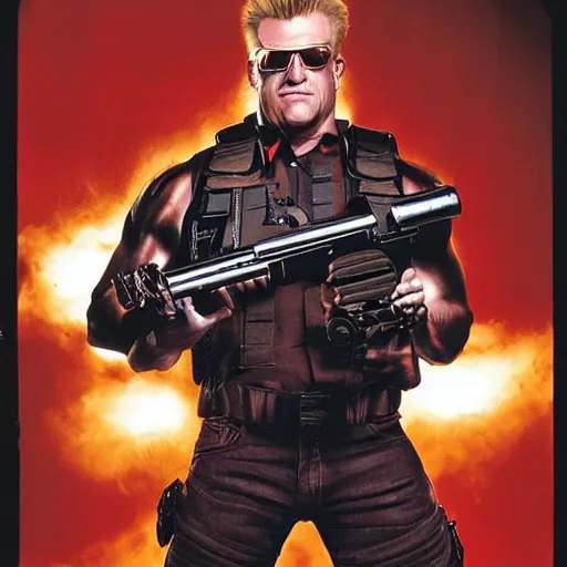 Image similar to UHD candid photo of Duke Nukem holding a Gatling gun in a crowded theater, accurate faces, UHD, photorealistic, correct face, photo by Annie Leibowitz