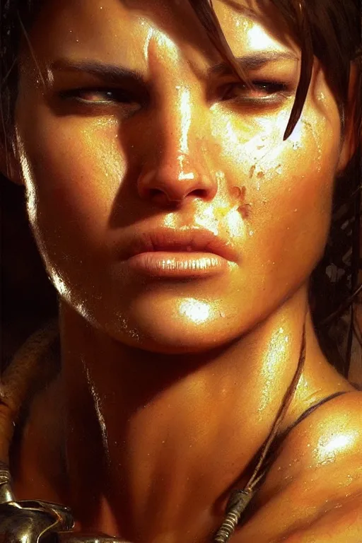 Image similar to muscular sweat lara croft, face close up, highly detailed painting by gaston bussiere, craig mullins, j. c. leyendecker 8 k