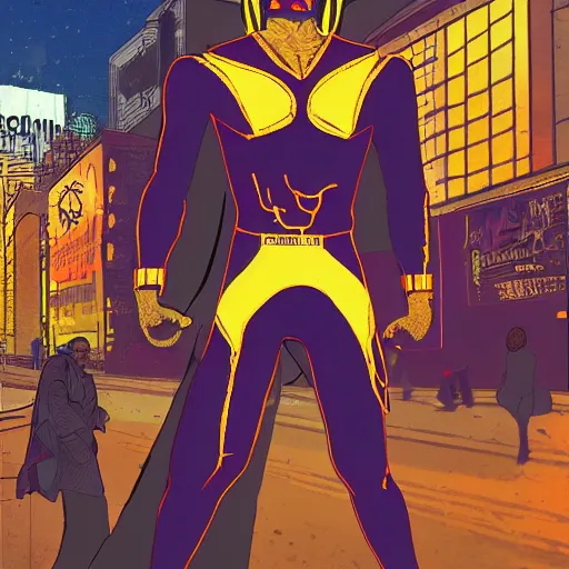 Image similar to afrofuturist man in a crowded busy street wearing gold jewelry, simple, cyberpunk, far shot, full body shot, 1970s X-Men art style, retrofuturist