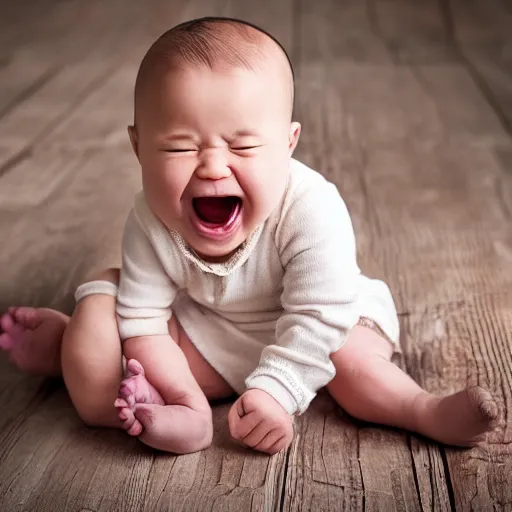 Prompt: the fist baby ever born, laughing, highly detailed, award winning photography