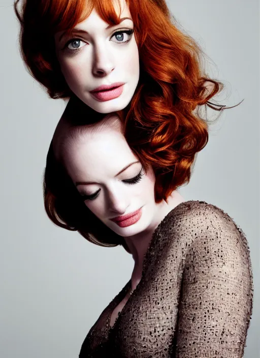 Image similar to portrait of beautiful christina hendricks and anne hathaway hybrid by mario testino, headshot, detailed, award winning, sony a 7 r