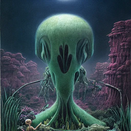 Prompt: a hyperrealistic painting of a beautiful alien princess in the middle of an alien jungle, bioluminescent plants, by john kenn mortensen and zdzislaw beksinski, highly detailed, vivid color,