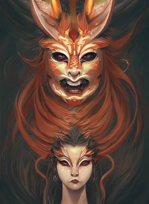 Image similar to a beautiful detailed oil on copper art illustration of a japanese kitsune hannya mask devil woman, centered, by charlie bowater, zeng fanzh, trending on artstation, dim dusk lighting, cinematic lighting, detailed lighting, volumetric lighting, realistic, f 8, 4 k hd wallpaper